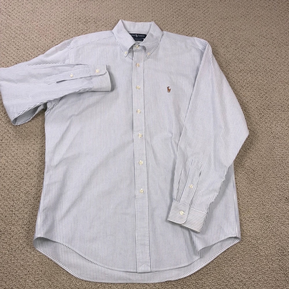 Ralph Lauren Yarmouth 16 34 Blue White Striped Oxford Button Down Shirt Pony - Picture 2 of 7